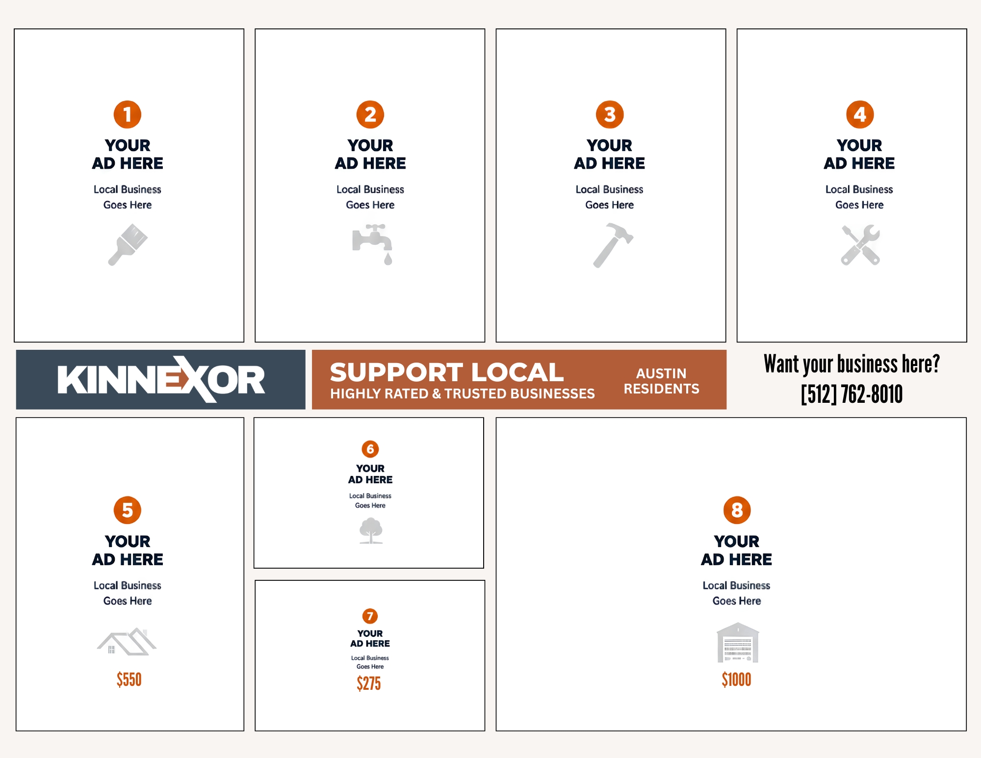Kinnexor 12x9 community mailer layout showing sixteen premium ad spots for local businesses